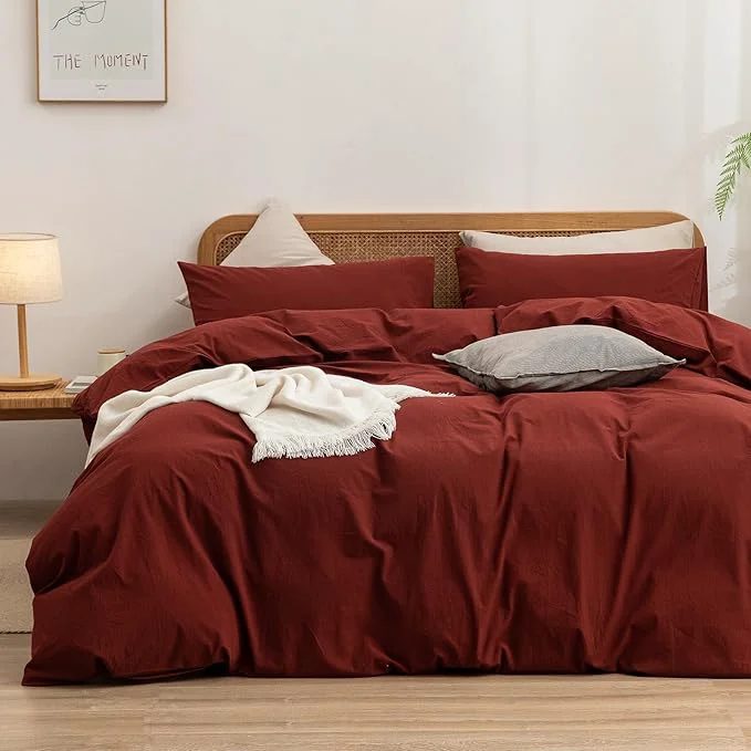 Versatile OUCH Duvet Cover Set Washed Cotton Linen Feel Super Soft Comfortable Chic Lightweight 3 PCs Home Bedding Set Solid Fired Brick Red Oversized Queen Premium Material