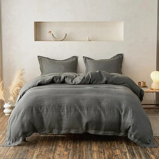 Luxury Simple amp Opulence Linen Duvet Cover Set with Crossed Embroidery Washed – 3 Pieces 1 Duvet Cover with 2 Pillow Shams Soft Breathable Farmhouse -Cushing Green King Size