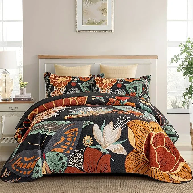 Fashionable 3 Piece Black Boho Floral Californial King Quilt Sets Reversible Farmhouse Botanical Lightweight Bedspread with 2 Shams Butterfly Microfiber Bedding Quilts Set for All Season 118 39 39 x106 39 39 Long-Lasting