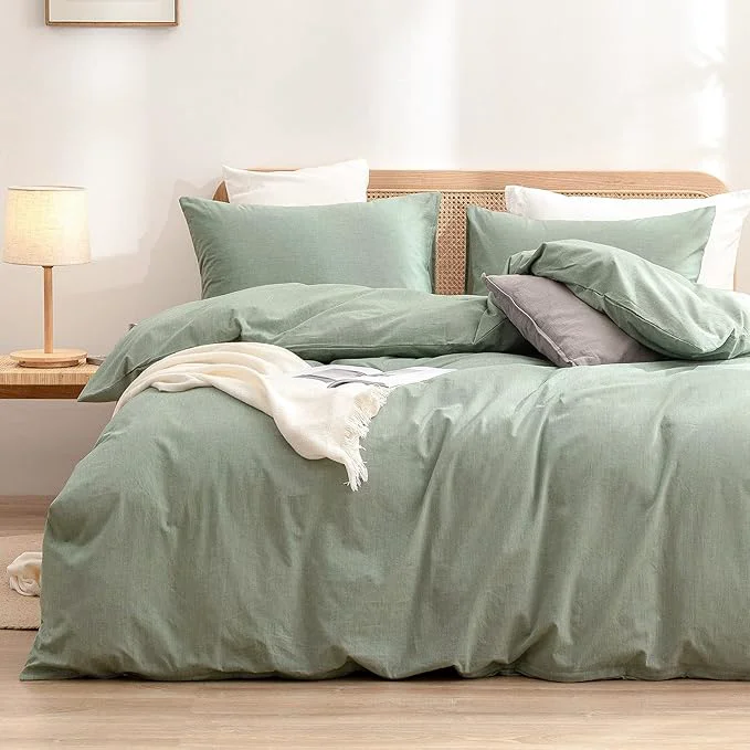 Trusted OUCH Duvet Cover Set Washed Cotton Linen Feel Super Soft Comfortable Chic Lightweight 3 PCs Home Bedding Set Solid Green Full Double Reliable
