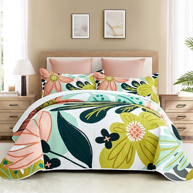 Secure 3 Piece Boho Floral Californial King Size Quilt Sets Farmhouse Reversible Lightweight Bedspread Coverlet with 2 Shams Botanical Microfiber Bedding Quilts Set for All Season 118 39 39 x106 39 39 Natural