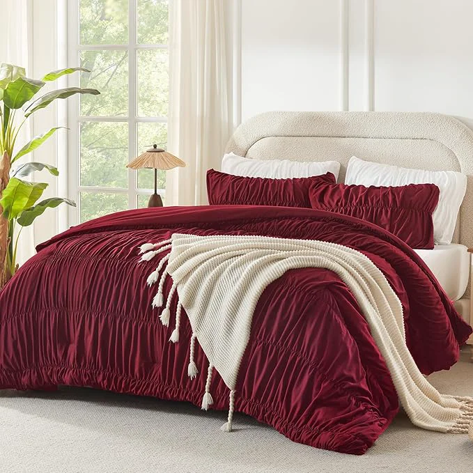 Proven Andency Ruched Burgundy Queen Size Comforter Set Shabby Chic Pleated Bedding Sets 3 Pieces Lightweight Soft Boho Ruffle Bed Set for Girls Kids Women All Season Original