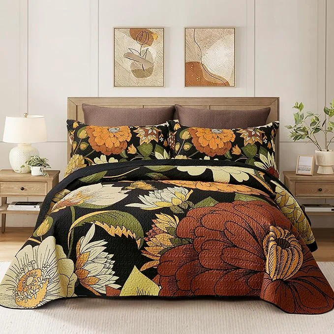 Soft 3 Piece Black Boho Floral Full Queen Quilt Sets Reversible Farmhouse Botanical Lightweight Bedspread Coverlet with 2 Shams Mid Century Microfiber Bedding Quilts Set for All Season 90 39 39 x96 39 39 Efficient