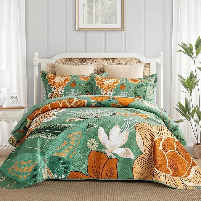 Modern 3 Piece Sage Green Boho Floral King Size Quilt Sets Farmhouse Botanical Reversible Lightweight Bedspread Coverlet with 2 Shams Butterfly Microfiber Bedding Quilts Set for All Season 106 39 39 x96 39 39 Soft