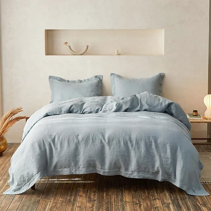 Eco-Friendly Simple amp Opulence Linen Duvet Cover Set with Crossed Embroidery Washed – 3 Pieces 1 Duvet Cover with 2 Pillow Shams Soft Breathable Farmhouse – Dusty Blue King Size High-Performance