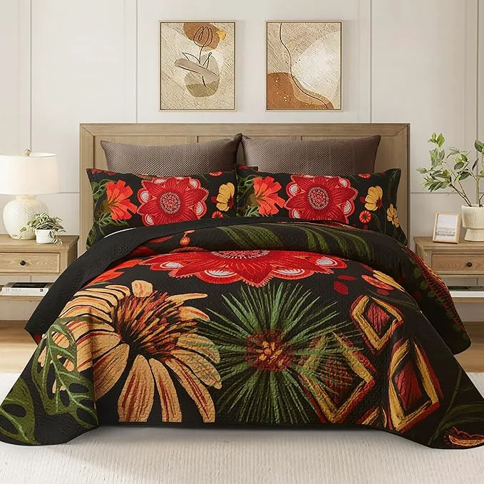 Outstanding 3 Piece Black Red Boho Floral Quilt Sets Full Queen Farmhouse Reversible Lightweight Bedspread Coverlet with 2 Shams Vintage Mid Century Microfiber Bedding Quilts Set for All Season 90 39 39 x96 39 39 Carefully Designed