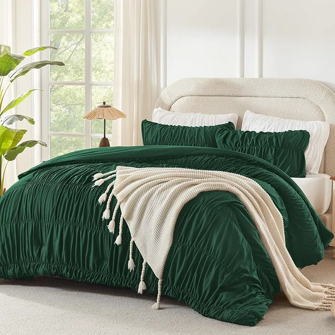 Flexible Andency Ruched Dark Emerald Green Full Size Comforter Sets Shabby Chic Pleatd Bedding Sets 3 Pieces Lightweight Soft Boho Ruffle Bed Set for Girls Kids Women All Season Official