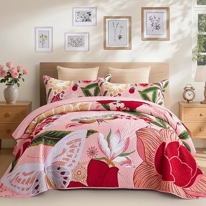 Crafted 3 Piece Pink Boho Floral King Size Quilt Sets Farmhouse Botanical Reversible Lightweight Bedspread with 2 Shams Butterfly Microfiber Bedding Quilts Set for All Season 106 39 39 x96 39 39 Genuine