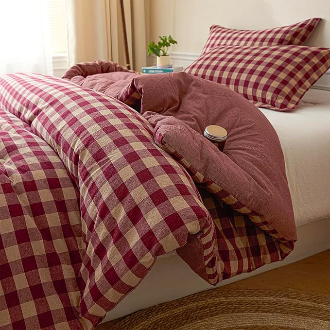 Organic Cyusri Cotton Plaid King Comforter Set – Soft Lightweight Bedding 3 Pieces Dyed Bed Set with 2 Pillow Shams Reversible All Season Farmhouse Down King Size 104 quot x90 quot Retro Red Healthy