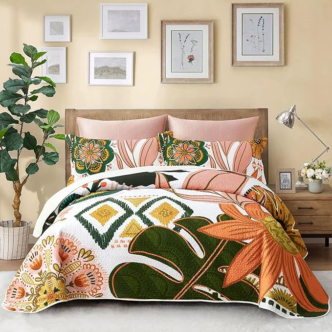 Convenient 2 Piece Boho Floral Quilt Sets Twin Size Farmhouse Botanical Reversible Lightweight Bedspread Coverlet with 1 Sham Mid Century Leaves Microfiber Bedding Quilts Set for All Season 68 39 39 x86 39 39 Sustainable