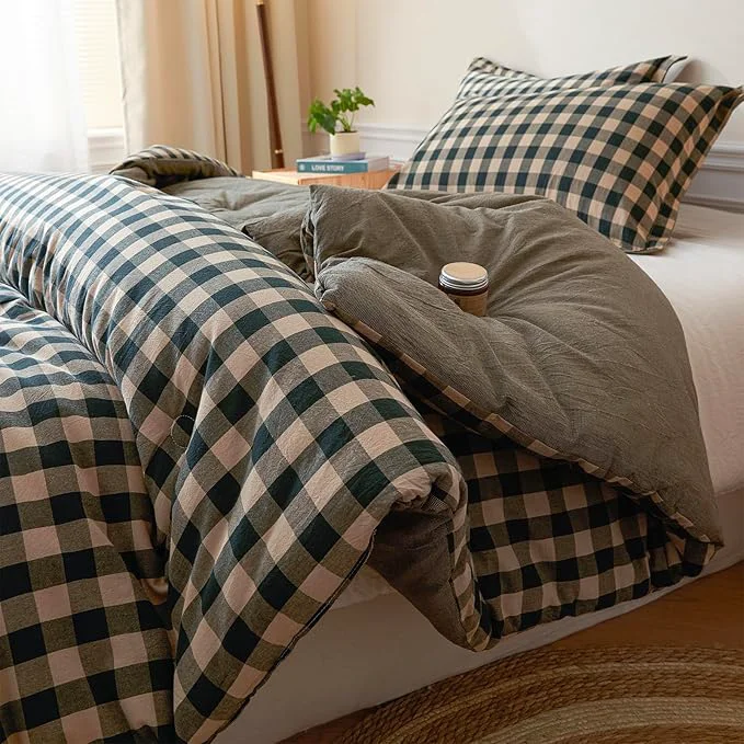 Sophisticated Cyusri Cotton Plaid Queen Comforter Set – Soft Lightweight Bedding 3 Pieces Dyed Bed Set with 2 Pillow Shams Reversible All Season Farmhouse Down Queen Size 90 quot x90 quot Dark Green Convenient
