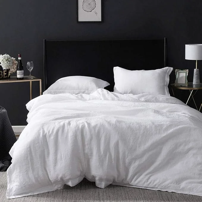 Smooth Simple amp Opulence Linen Duvet Cover Set with Embroidery Border Washed – 3 Pieces 1 Duvet Cover with 2 Pillow Shams with Button Closure Soft Breathable Farmhouse – White Full Size Elite