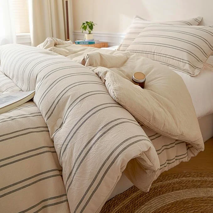 Flexible Cyusri Cotton Stripe Full Comforter Set – Soft Lightweight Bedding 3 Pieces Dyed Bed Set with 2 Pillow Shams Reversible All Season Farmhouse Down Full Size 80 quot x90 quot Beige High-Performance