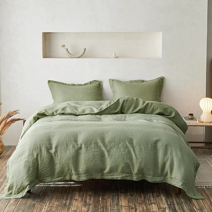 Safe Simple amp Opulence Linen Duvet Cover Set with Crossed Embroidery Washed – 3 Pieces 1 Duvet Cover with 2 Pillow Shams Soft Breathable Farmhouse – Sage Green Queen Size Fine Crafted
