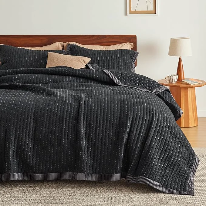 Durable Bedsure Black Quilts Queen Size – Queen Quilt Bedding Set Bedspread Coverlet Lightweight Corduroy Pattern Bedspread 3-Piece Set with 90 quot x96 quot Coverlet amp 2 Pillow Shams All-Season Soft Microfiber Unique