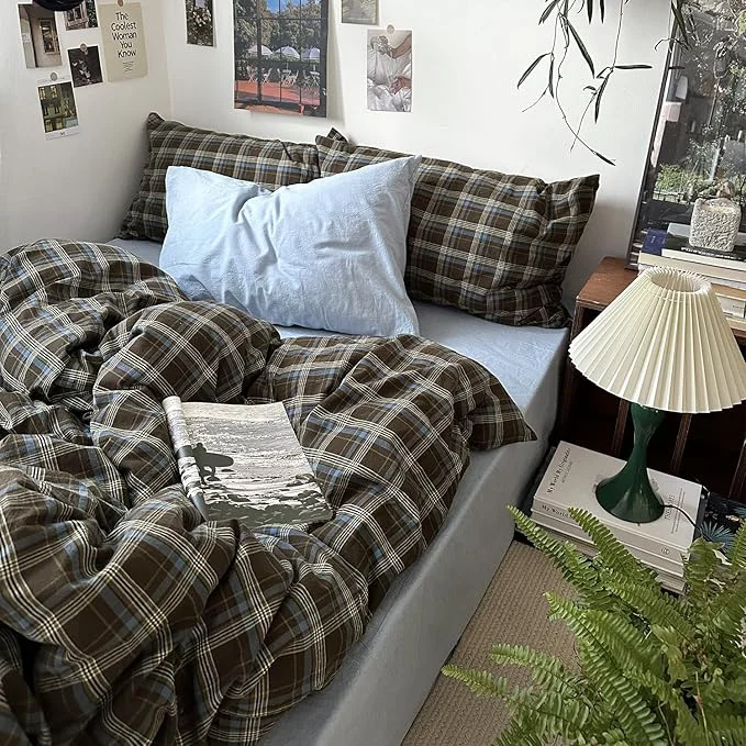 Eco-Friendly MKXI Buffalo Plaid Duvet Cover Twin XL – 3 Piece Washed Cotton Bedding Set Blue Brown Green Vintage Aesthetic Soft Breathable with Zipper Closure Smooth