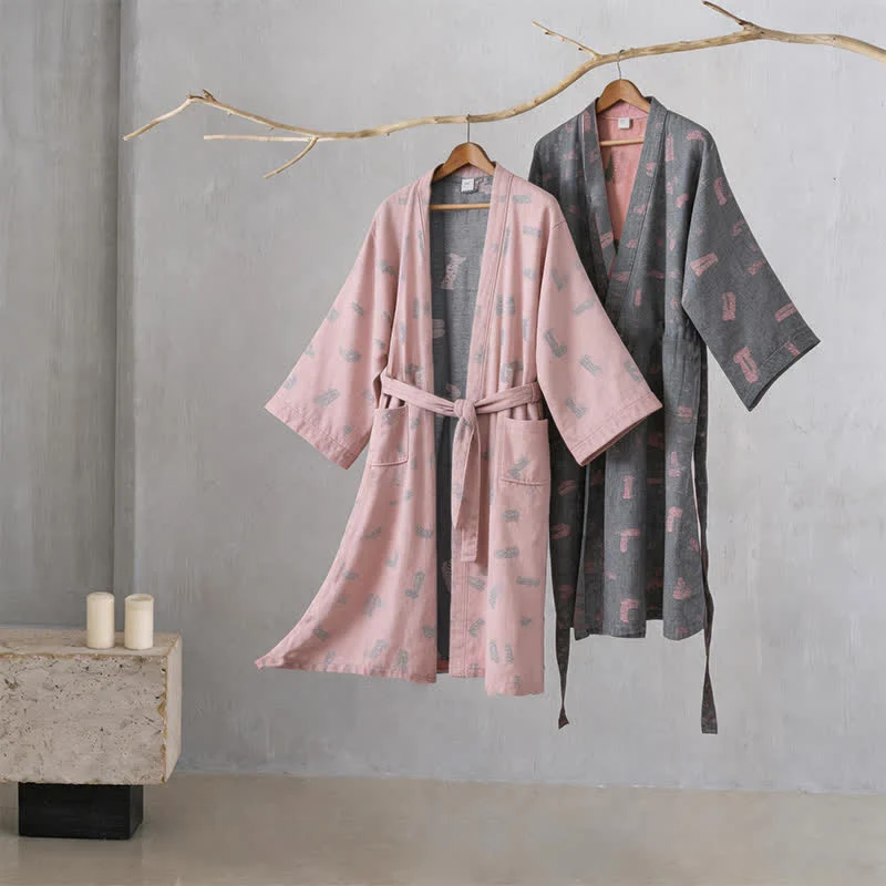 Convenient Ownkoti Love Print Cotton Gauze Kimono Robe Safe