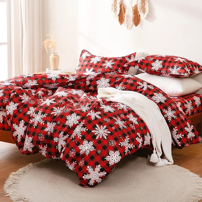 Consistent JSD Red Buffalo Plaid Snowflakes Duvet Cover Set King Size 3 Piece Christmas Winter Printed Microfiber Duvet Comforter Covers Artisan