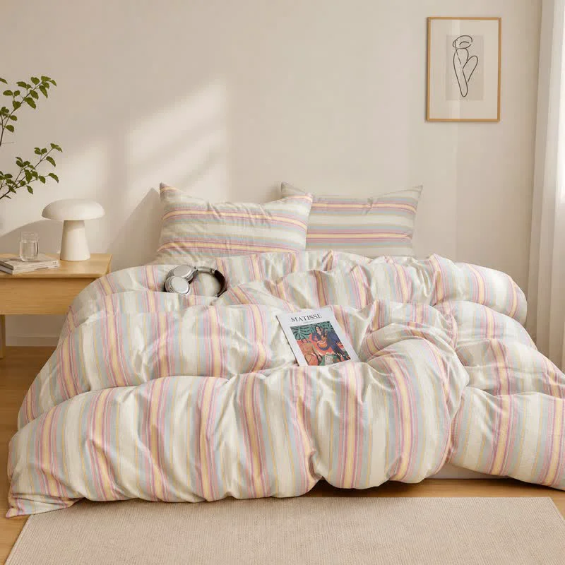 Enhanced Ownkoti Soft Pastel Multicolor Stripe Cotton Bedding Set Selected