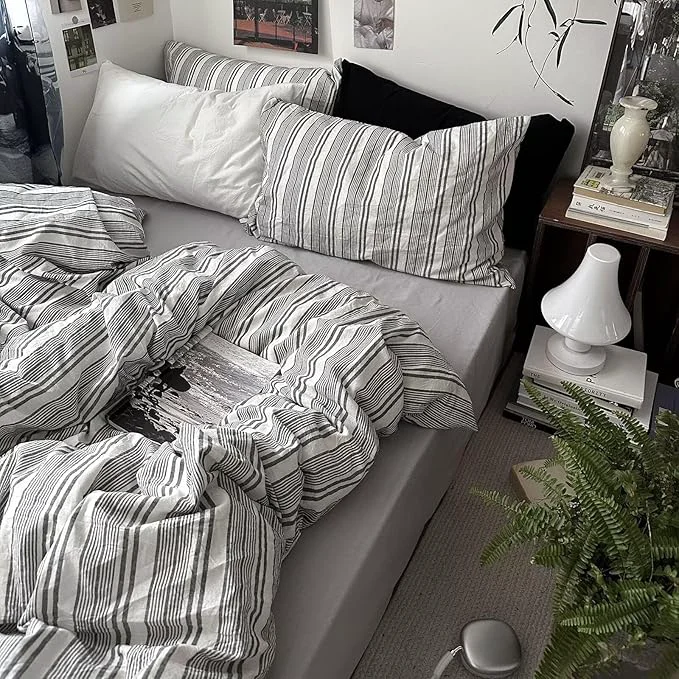 Organic MKXI Twin XL Size Charcoal Grey amp White Striped Duvet Cover Set – 3 Piece Modern Washed Cotton Bedding Soft Breathable Comforter Cover with Zipper Closure amp Corner Ties Minimalist Geometric Design Healthy