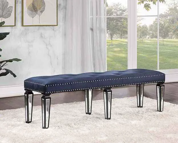 Long-Lasting Varian II – Bench – Mirrored Dark Navy Velvet amp Black amp Sliver Minimalist