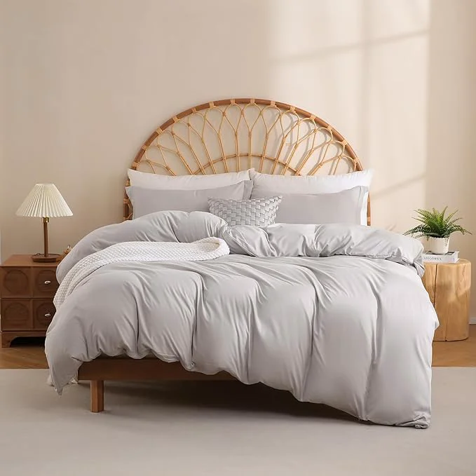 Refined JSD Light Grey Duvet Cover Set King Size 3 Piece Duvet Cover with Pillow Shams Soft Brushed Microfiber Zipper Closure Comforter Not Included Detailed