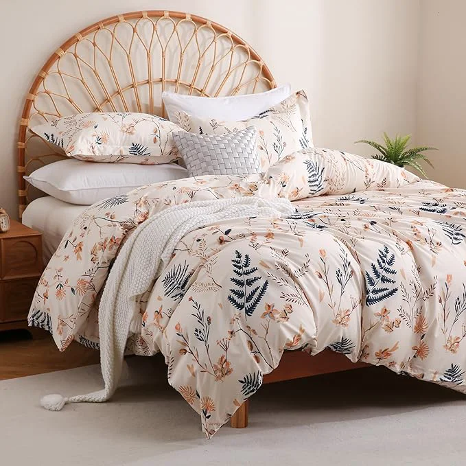 Pure JSD Fall Floral Duvet Cover Set Queen Size 3 Piece Boho Ferns Printed Microfiber Comforter Covers Zipper Closure Innovative