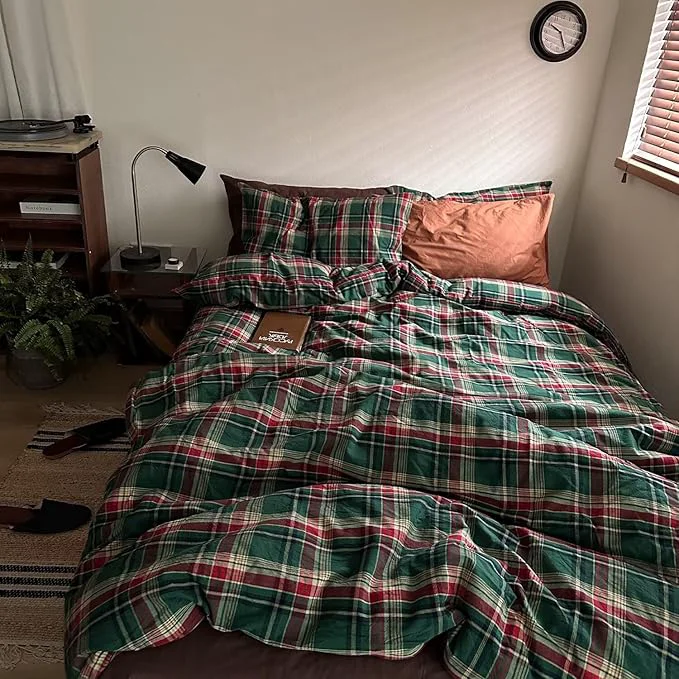 Top-Quality MKXI Vintage Buffalo Plaid Duvet Cover Set 3-Piece Washed Cotton Reversible Bedding Green Red Checkered Queen Size with Zipper amp Corner Ties Farmhouse amp Shabby Chic Design Outstanding