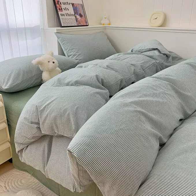 High-Grade MKXI Ultra-Fine Stripe Duvet Cover Set Twin Washed Cotton Green amp White Textured Bedding 3 Piece Breathable Comfy Farmhouse Style Duvet Cover with Pillow Shams Clean