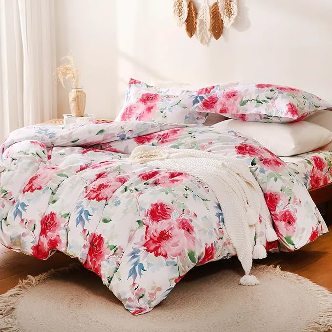 Specialty JSD Rose Floral Duvet Cover Set King Size 3 Piece Soft Printed Microfiber Comforter Covers Zipper Closure Modern