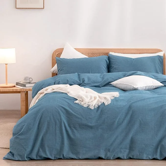 Authentic OUCH Duvet Cover Set Washed Cotton Linen Feel Super Soft Comfortable Chic Lightweight 3 PCs Home Bedding Set Solid Dark Blue Queen Exclusive