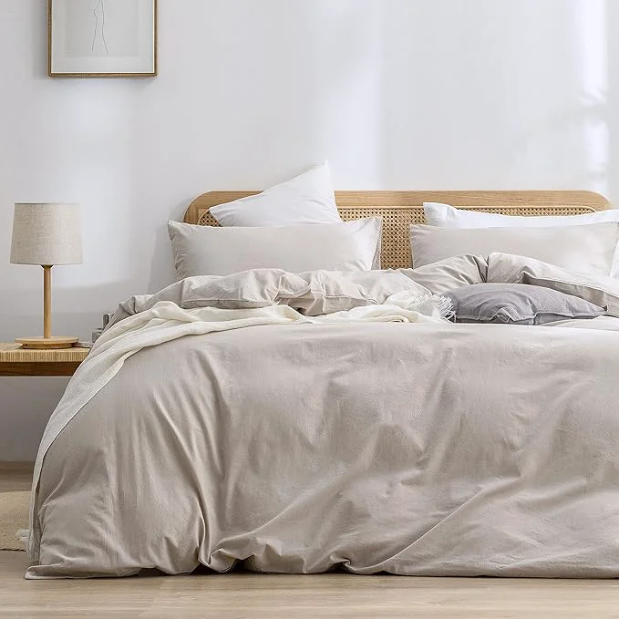Superior OUCH Duvet Cover Set Washed Cotton Linen Feel Super Soft Comfortable Chic Lightweight 3 PCs Home Bedding Set Solid Linen Grey Cal King