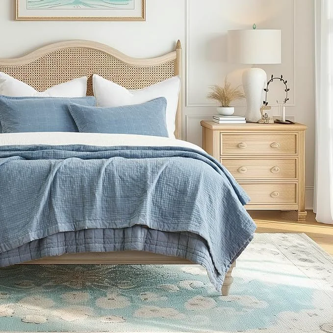 Solid EVERGRACEHOME Stonewashed Cotton Quilt Set Full Queen Size Ultra Soft Oversized Bedspread Coverlet Set Lightweight Crinkle Box Stitch Bedding Sets for All Season with 2 Shams Sonoma Blue Enhanced