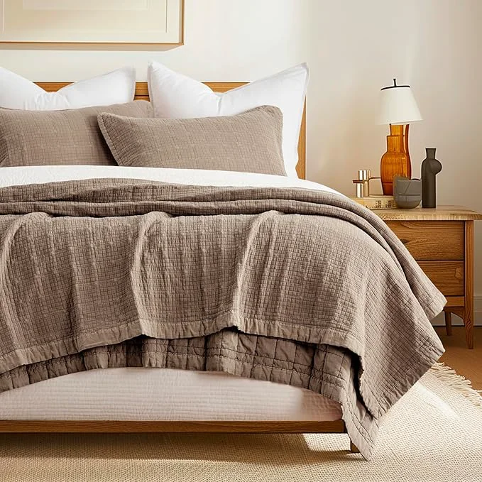 Next-Generation EVERGRACEHOME Stonewashed Cotton Quilt Set King Size Ultra Soft Oversized Bedspread Coverlet Set Lightweight Crinkle Box Stitch Bedding Sets for All Season with 2 Shams Mocha Brown Reliable