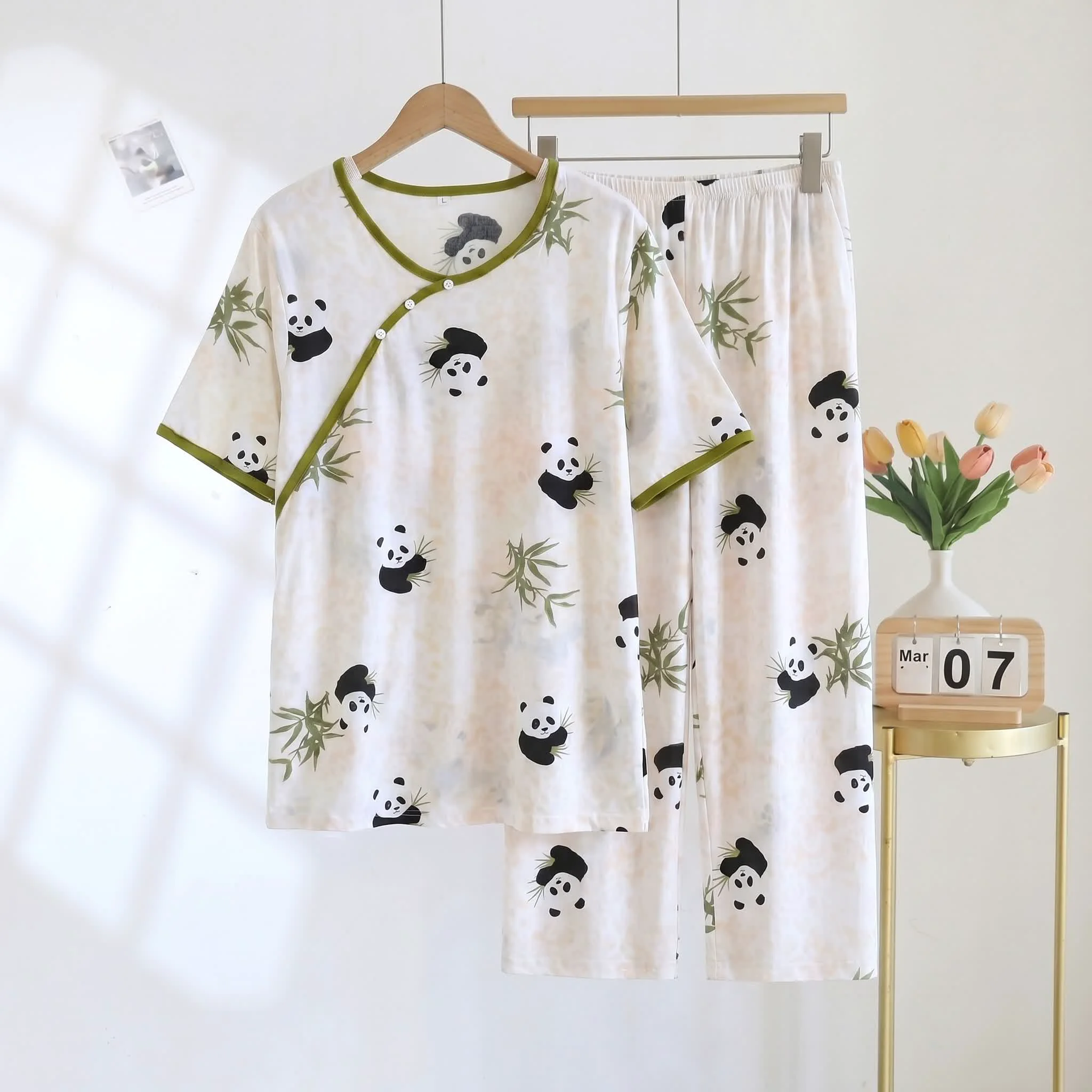 Innovative Ownkoti Padded Panda Short Sleeve Capri Pajamas Green