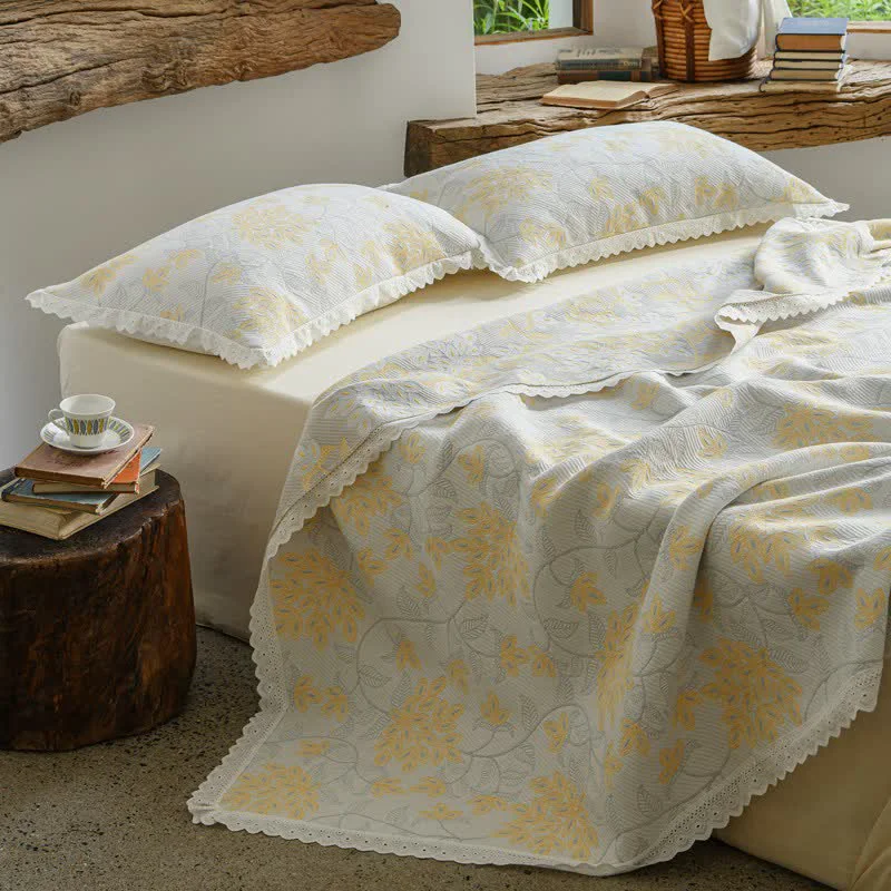 Convenient Ownkoti Lace Trim Floral Vine Cotton Bedspread Environmentally Friendly