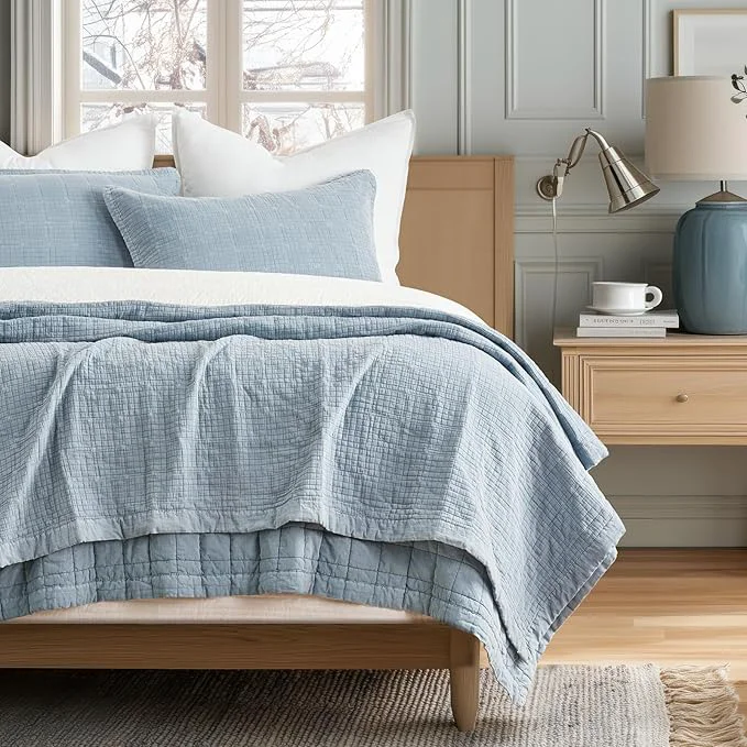 Refined EVERGRACEHOME Stonewashed Cotton Quilt Set Queen Size Ultra Soft Oversized Bedspread Coverlet Set Lightweight Crinkle Box Stitch Bedding Sets for All Season with 2 Matching Shams Blue Linen Safe