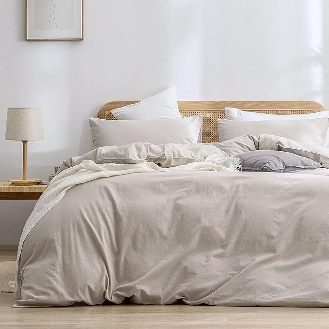 Detailed OUCH Duvet Cover Set Washed Cotton Linen Feel Super Soft Comfortable Chic Lightweight 3 PCs Home Bedding Set Solid Linen Grey Oversized Full Sophisticated