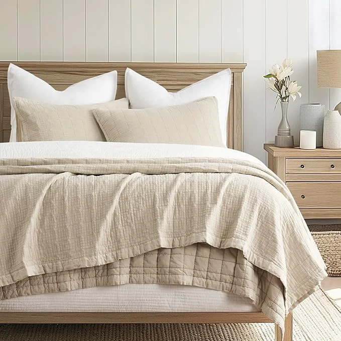 Superior EVERGRACEHOME Stonewashed Cotton Quilt Set Full Queen Size Ultra Soft Oversized Bedspread Coverlet Set Lightweight Crinkle Box Stitch Bedding Sets for All Season with 2 Shams Flax Beige Certified