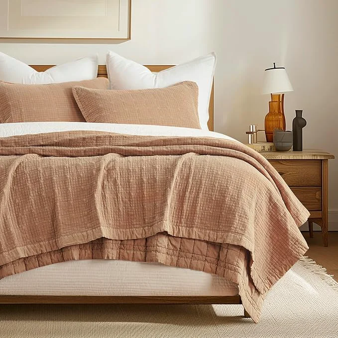 Natural EVERGRACEHOME Stonewashed Cotton Quilt Set Full Queen Size Ultra Soft Oversized Bedspread Coverlet Set Lightweight Crinkle Box Stitch Bedding Sets for All Season with 2 Shams Terracotta Classic