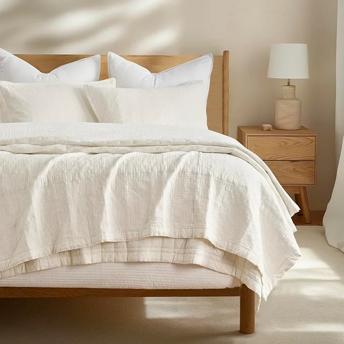 Verified EVERGRACEHOME Stonewashed Cotton Quilt Set King Size Ultra Soft Oversized Bedspread Coverlet Set Lightweight Crinkle Box Stitch Bedding Sets for All Season with 2 Shams Ivory White Eco-Friendly