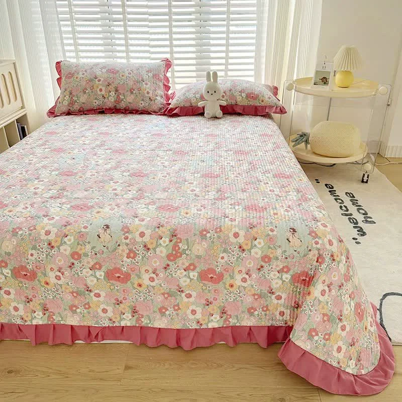 Prestigious Ownkoti Ruffled Pink Floral Twill Cotton Coverlet Next-Generation