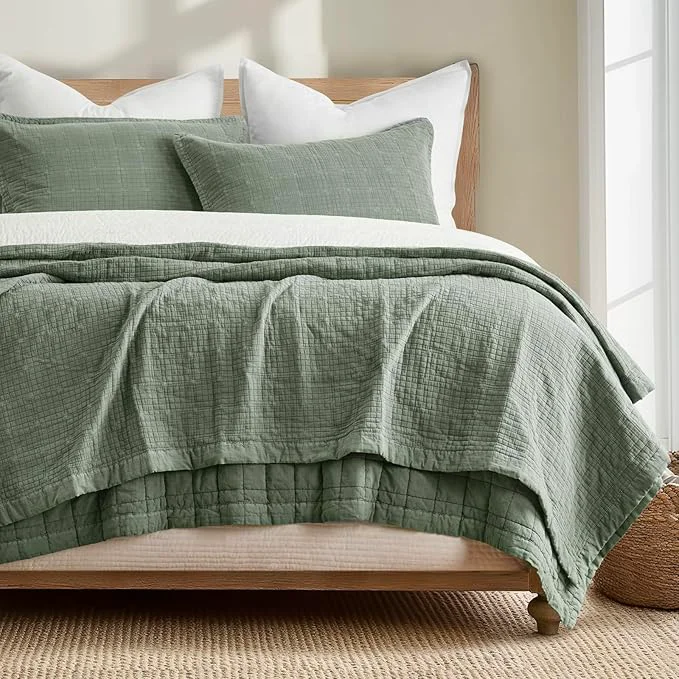 Organic EVERGRACEHOME Stonewashed Cotton Quilt Set Full Queen Size Ultra Soft Oversized Bedspread Coverlet Set Lightweight Crinkle Box Stitch Bedding Sets for All Season with 2 Shams Olive Green Innovative