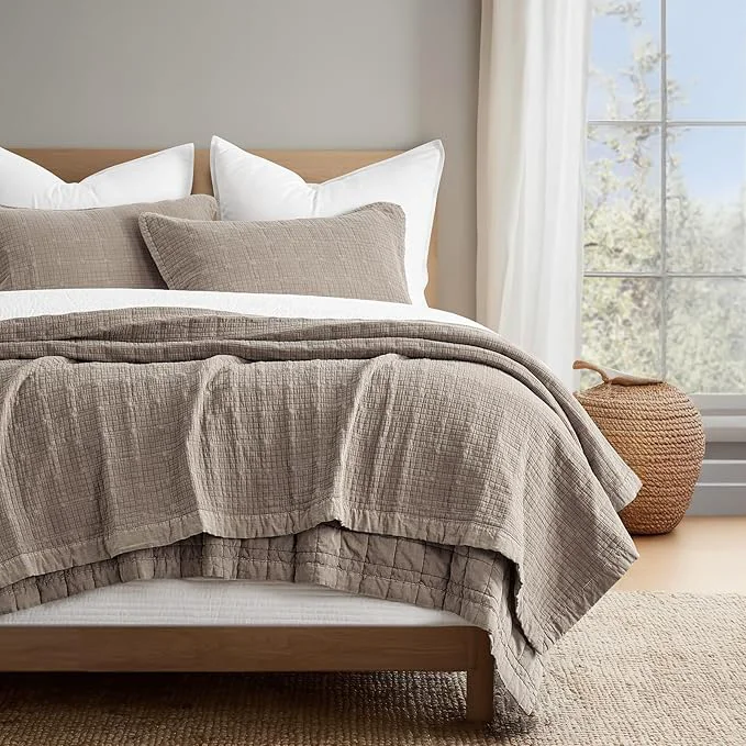 Consistent EVERGRACEHOME Stonewashed Cotton Quilt Set King Size Ultra Soft Oversized Bedspread Coverlet Set Lightweight Crinkle Box Stitch Bedding Sets for All Season with 2 Shams Truffle Taupe Brown User-Friendly
