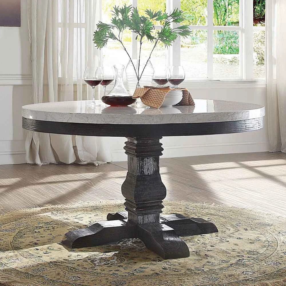 Elegant Nolan – Round Dining Table – White Marble Top amp Salvage Dark Oak Exceptional