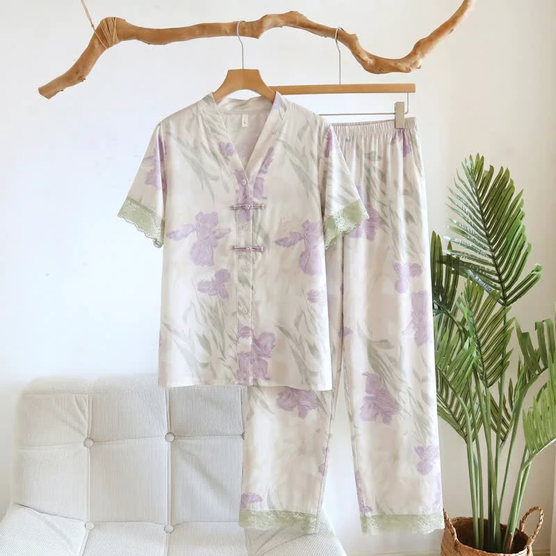 Crafted Ownkoti Floral Mandarin Collar Short PJ Set Modern