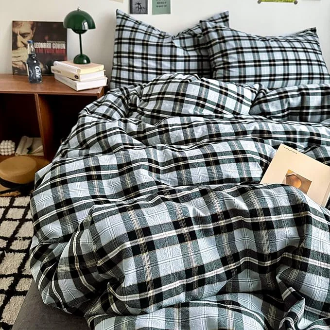 MKXI Twin XL Buffalo Plaid Duvet Cover – Washed Cotton Farmhouse Bedding Set Lightweight Breathable Reversible Comforter Cover Gray Black Yellow Checkered Excellent