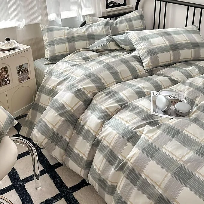 Excellent MKXI Vintage Green Plaid Duvet Cover Set with Checkered Design Farmhouse Look Gingham Modern Bedding King Size Classic Rustic Bedroom Collection for All Ages Authentic