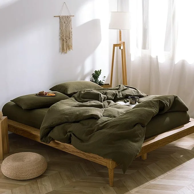World-Class VM VOUGEMARKET Olive Green Duvet Cover Queen Size – 3 Pieces Muslin Cotton 3-Layer Guaze Textured Bedding Set Includes 1 Duvet Cover 90×90 Inches with Zipper Closure amp 2 Pillowcases Fashionable