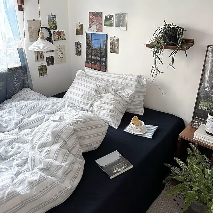 Relaxed MKXI Twin Size Duvet Cover Set – Washed Cotton Blue amp White Striped Bedding Soft amp Breathable 3-Piece Set with Zipper Closure amp Corner Ties Modern Coastal Vintage Style Proven